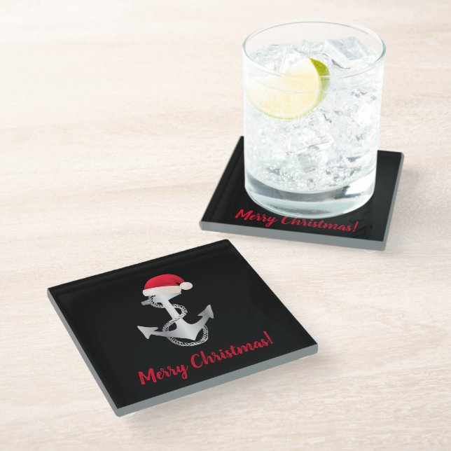 elegant silver gradient ANCHOR + SANTA HAT | Glass Coaster (Angled)