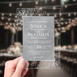 Elegant Silver Gray Curls Stylish Text Wedding Acrylic Invitations<br><div class="desc">Invite your loved ones to share in your joy on your wedding day with these gorgeous acrylic invitations. The stylish silver and gray design features your names prominently displayed in block letters while the introduction and other notes feature fancy script calligraphy with swashes on the ends of the letters. The...</div>