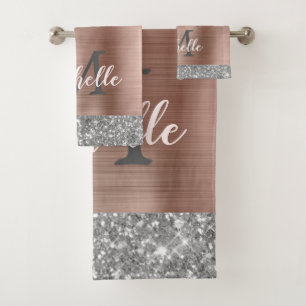 Elegant Silver Gray Glitter Drips Monogrammed  Bath Towel Set