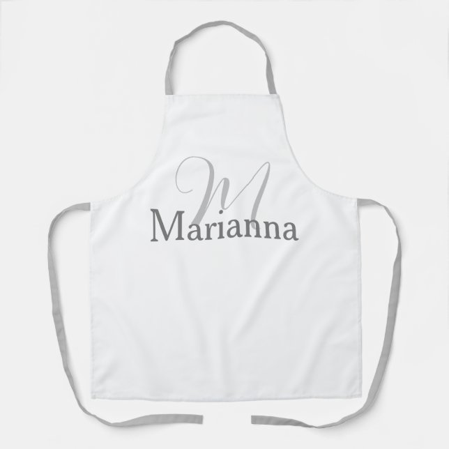 ELEGANT SILVER GRAY MONOGRAM INITIAL & NAME GIFT APRON (Front)