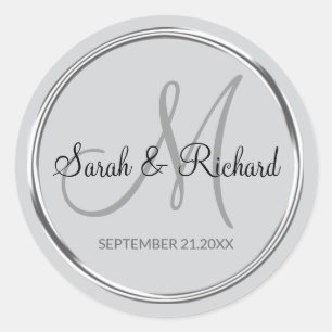 Elegant Silver Gray Monogrammed Wedding Favor  Classic Round Sticker