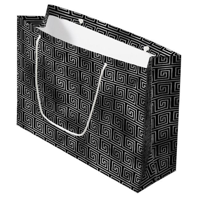 Elegant Silver Greek Key Art Deco Pattern Large Gift Bag (Front Angled)