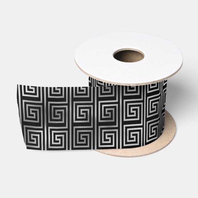 Elegant Silver Greek Key Art Deco Pattern Satin Ribbon (Spool)