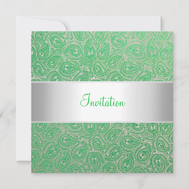 Elegant Silver Green Paisley Party Invitation (Front)
