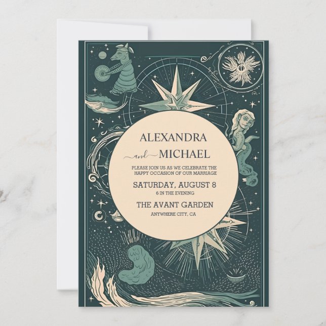 Elegant Silver Green Tarot Wedding Invitation (Front)