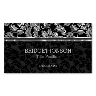 Elegant Silver Grey And Black Damask Magnetic Business Card
