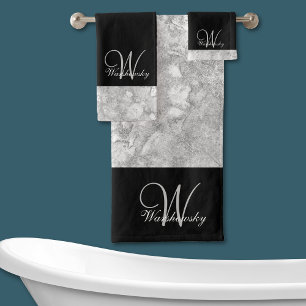 Elegant Silver Grey and Black Monogrammed Bath Towel Set