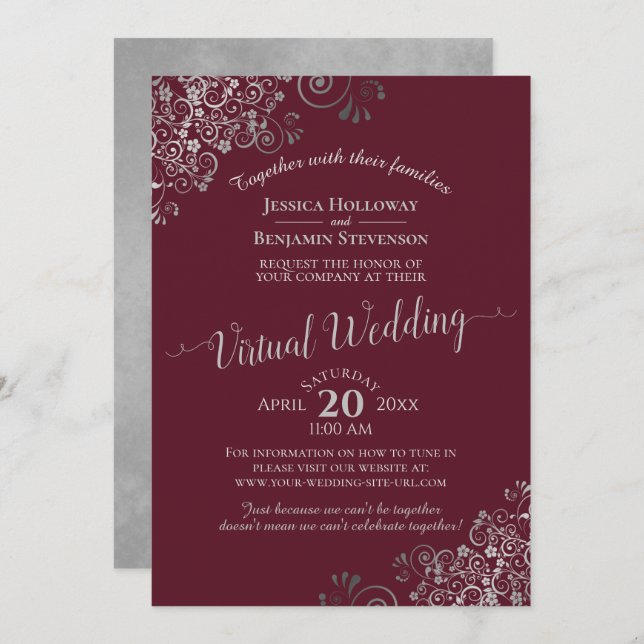 Elegant Silver Grey and Burgundy Virtual Wedding Invitation (Front/Back)