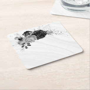 elegant silver grey & black floral square paper coaster