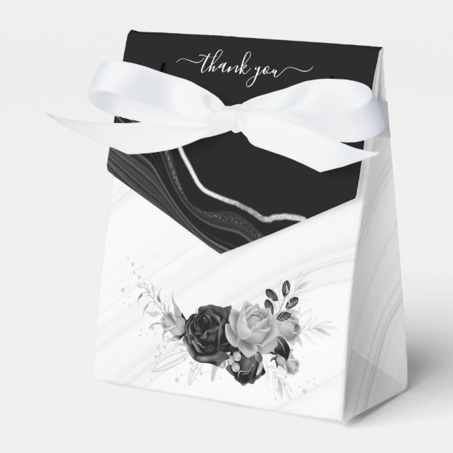 elegant silver grey & black flowers wedding favour box (Front Side)