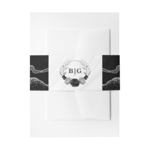 elegant silver grey & black flowers wedding invitation belly band