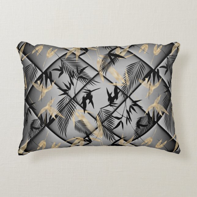 Elegant Silver Grey Black Gold palms Bamboo decor Decorative Cushion (Front)