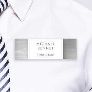 Elegant Silver Grey Brushed Metallic Business Name Tag