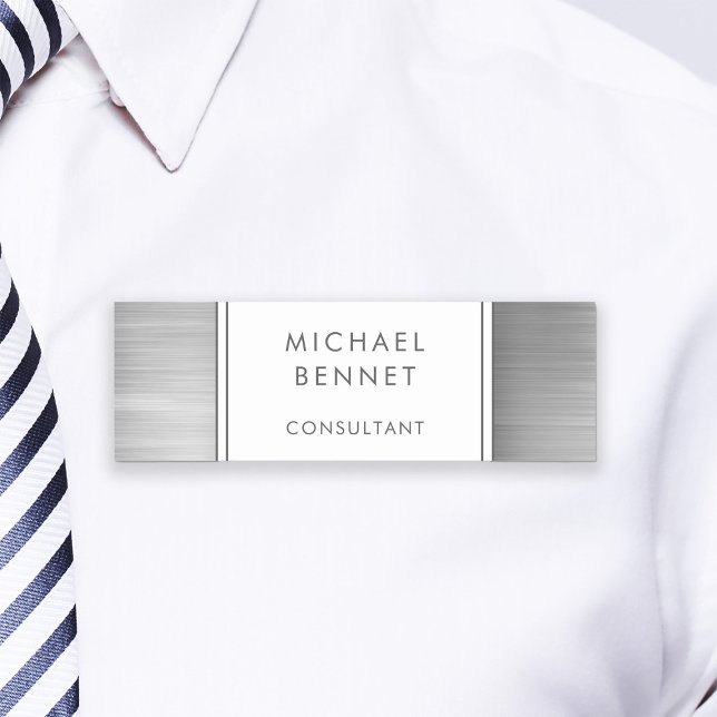 Elegant Silver Grey Brushed Metallic Business Name Tag (Elegant Silver Gray Brushed Metallic Business Name Tag)