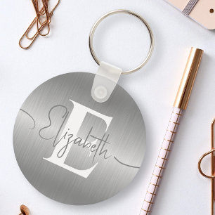 Elegant Silver Grey Brushed Metallic Monogrammed Key Ring