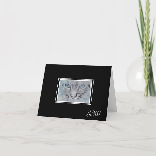 Elegant Silver-Grey Cat on Black Background Note Card (Front)