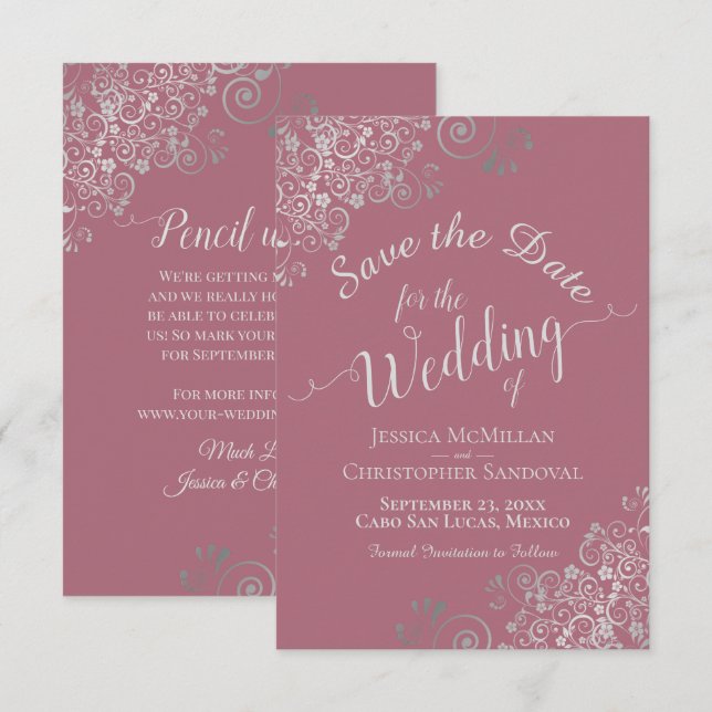 Elegant Silver Grey Curls Dusty Rose Pink Wedding Save The Date (Front/Back)