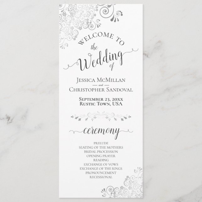 Elegant Silver Grey Curls on White Wedding Program Programme (Front)