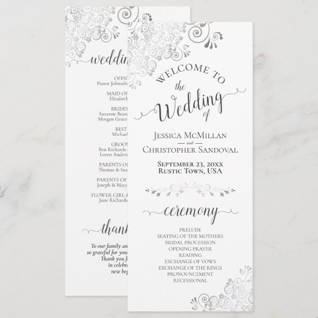 Elegant Silver Grey Curls on White Wedding Program Programme (Front/Back)