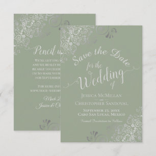 Elegant Silver Grey Curls Sage Green Wedding Save The Date