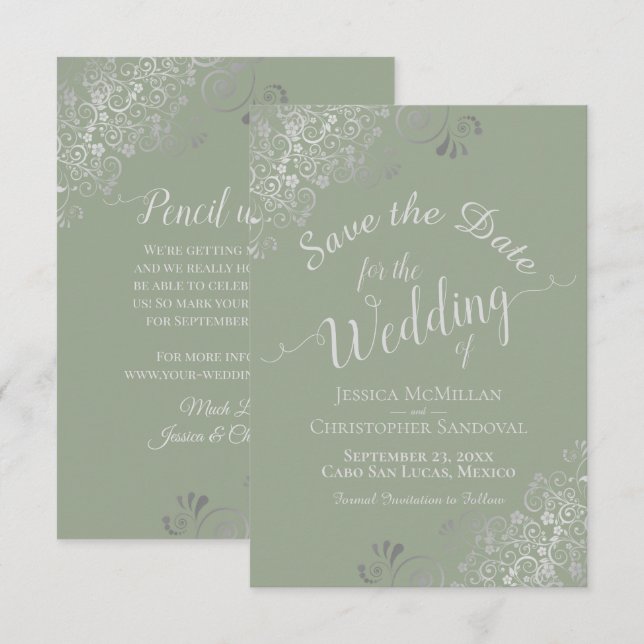 Elegant Silver Grey Curls Sage Green Wedding Save The Date (Front/Back)