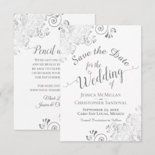 Elegant Silver Grey Curly Swirls on White Wedding Save The Date