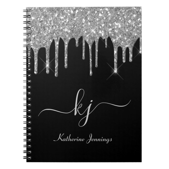 Elegant Silver Grey Glitter Drips Monogram Script Notebook (Front)