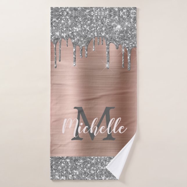 Elegant Silver Grey Glitter Drips Monogrammed Bath Towel (Bath Towel)