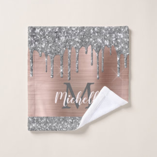 Elegant Silver Grey Glitter Drips Monogrammed Wash Cloth