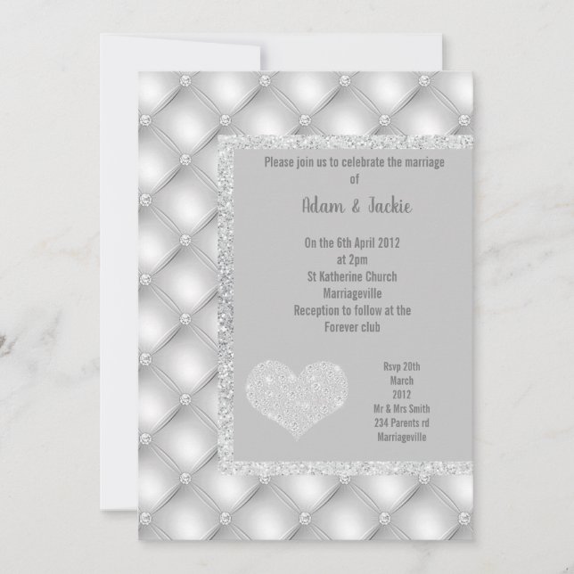 ELEGANT SILVER GREY HEART DIAMOND WEDDING INVITATION (Front)