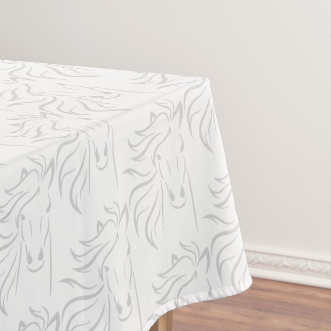 Elegant Silver Grey Horse Pattern on White Medium Tablecloth (In Situ)