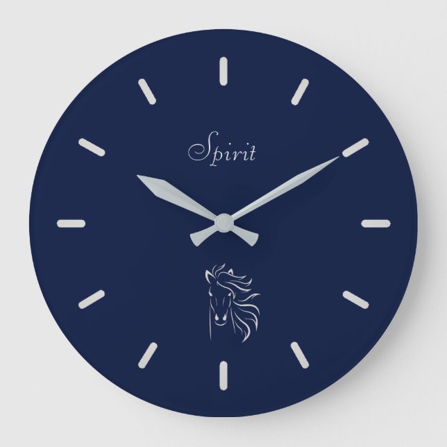 Elegant Silver Grey Horse Silhouette on Navy Blue Large Clock (Front)