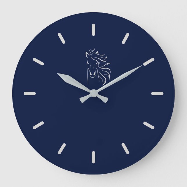 Elegant Silver Grey Horse Silhouette on Navy Blue Large Clock (Front)