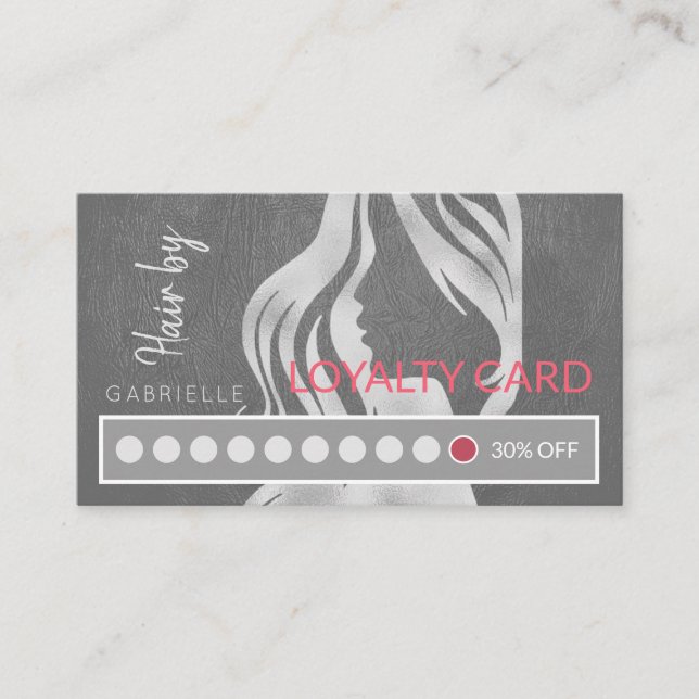 Elegant Silver Grey Leather Look Hair Salon Punch Loyalty Card (Front)