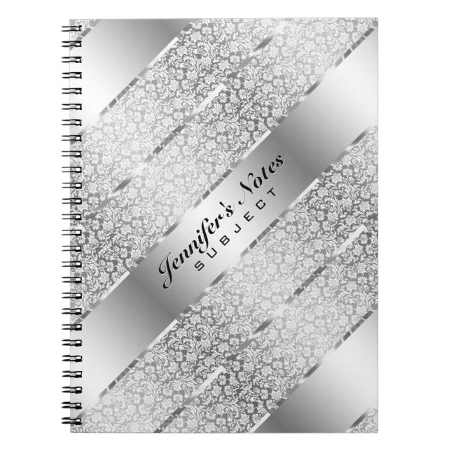 Elegant Silver Grey Metallic Stripes 2 Monogram Spiral Notebook (Front)