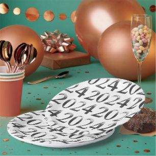 Elegant Silver Grey Numbers Happy New Year 2024 Paper Plate