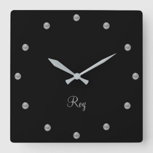 Elegant Silver Grey on Black Square Wall Clock