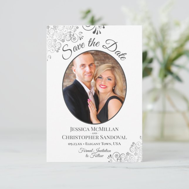Elegant Silver & Grey on White Oval Photo Wedding Save The Date (Standing Front)
