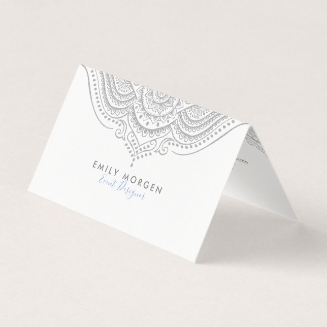 Elegant Silver-Grey Ornate Mandala Business Card (Front)