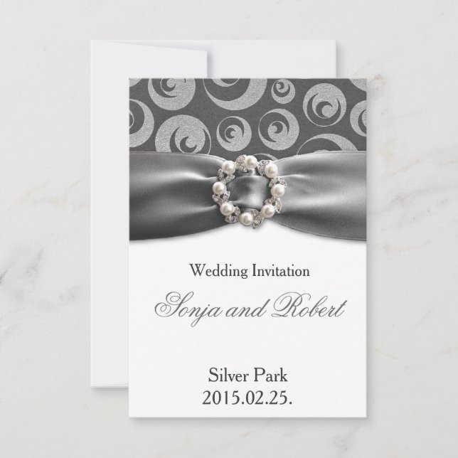Elegant Silver Grey Pearl Ribbon Wedding Card (Front)
