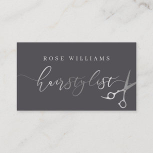 Elegant silver & grey scissors hairstylist business card
