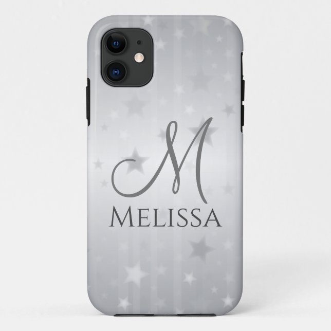 Elegant Silver Grey Stars Monogram Case-Mate iPhone Case (Back)