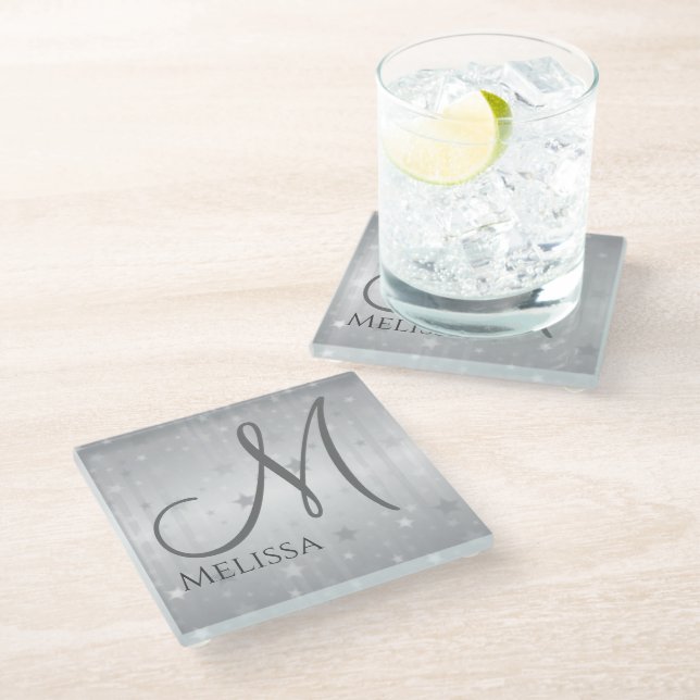 Elegant Silver Grey Stars Monogram Glass Coaster (Angled)