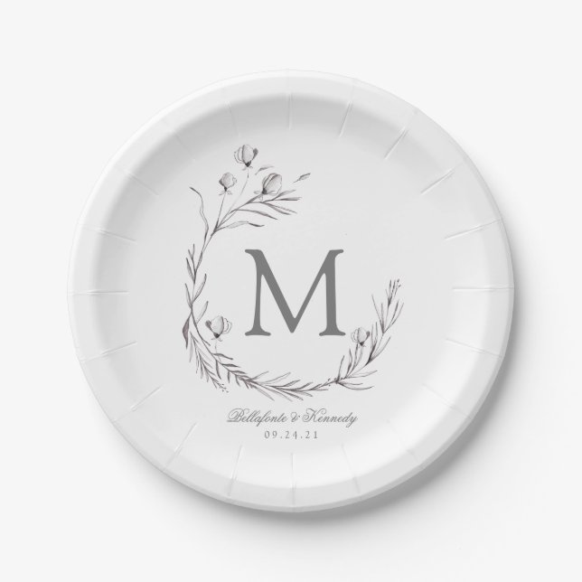 Elegant Silver Grey White Botanical Wreath Wedding Paper Plate (Front)