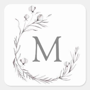 Elegant Silver Grey White Botanical Wreath Wedding Square Sticker