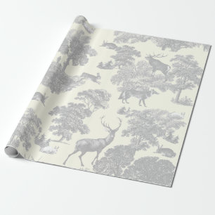Elegant Silver Grey White Toile Deer Woodland Wrapping Paper