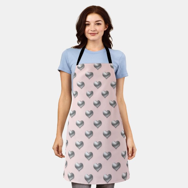 Elegant silver hearts on soft pink background apron (Worn)
