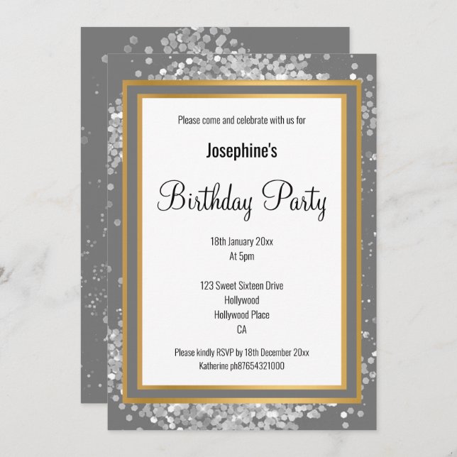 ELEGANT SILVER HOLOGRAPHIC GREY GOLD BIRTHDAY INVITATION (Front/Back)