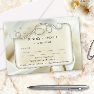 Elegant Silver Ivory Pearl Rose Wedding RSVP Card