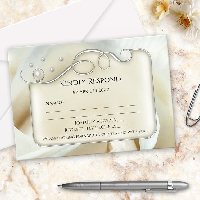 Elegant Silver Ivory Pearl Rose Wedding RSVP Card (RSVP card featuring artistic silver floral swirls and tiny pearls on a chic ivory cream colored rose)